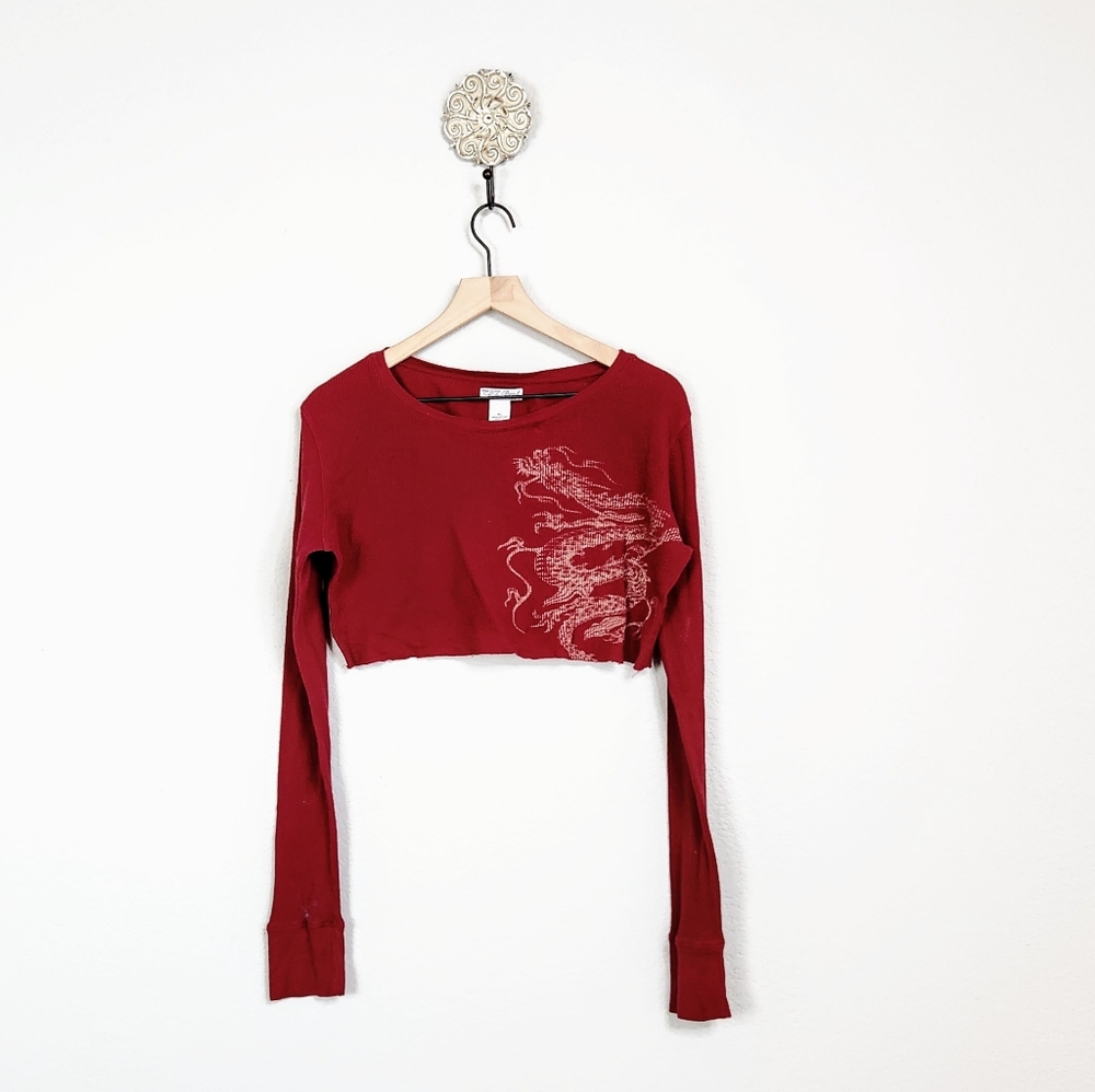 Lucky Brand Dragon Cropped Ribbed Dark Red Top, Sz XL